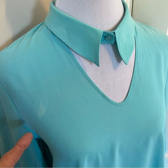 Drew 100% Silk Vintage Style Collared Cold Shoulder Blouse Light Blue Womens Med - Picture 9 of 9